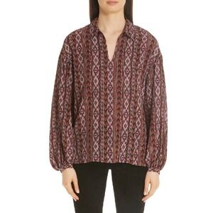 Lafayette 148 Delora Southwestern Print Silk Blouse Size L Multi Red Flowy Light